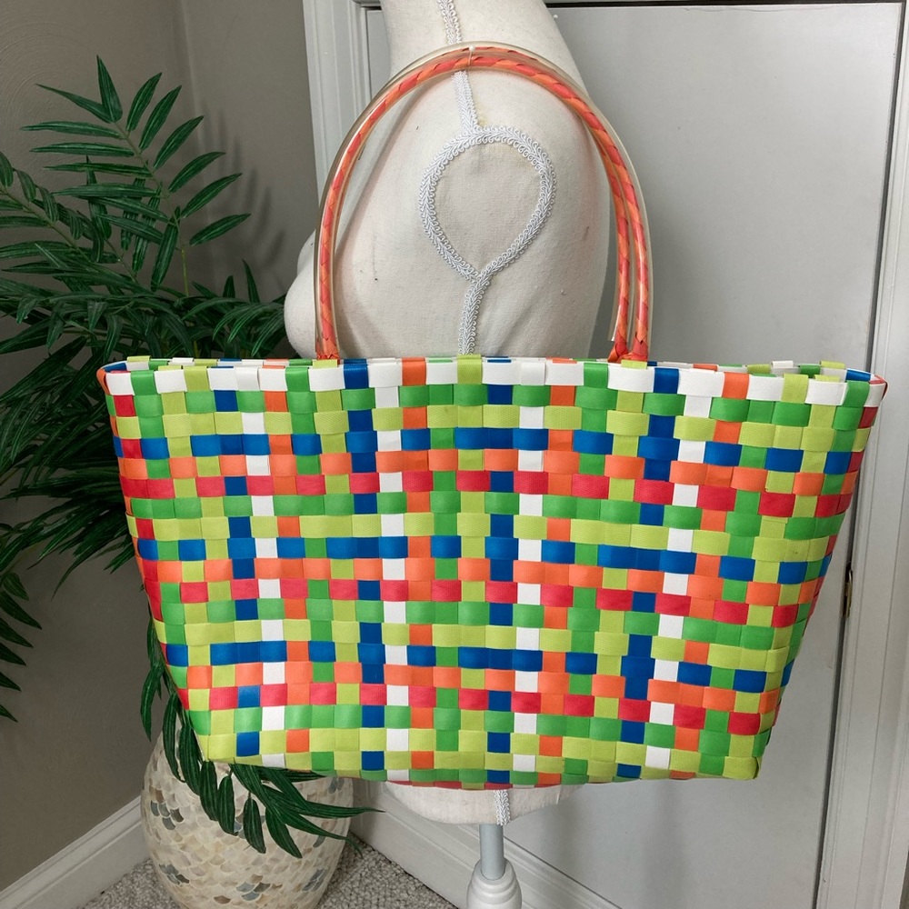 Large Woven Plastic Multicolor Beach Tote Purse Bag